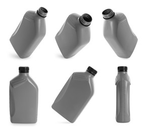 Image of Plastic canister on white background, collage. View from different sides