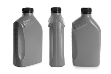 Image of Plastic canister on white background, collage. View from different sides