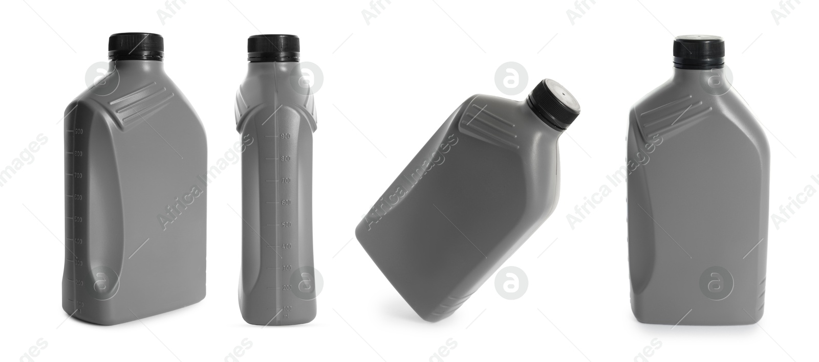 Image of Plastic canister on white background, collage. View from different sides