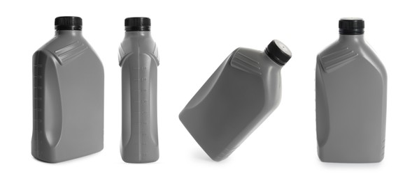 Image of Plastic canister on white background, collage. View from different sides