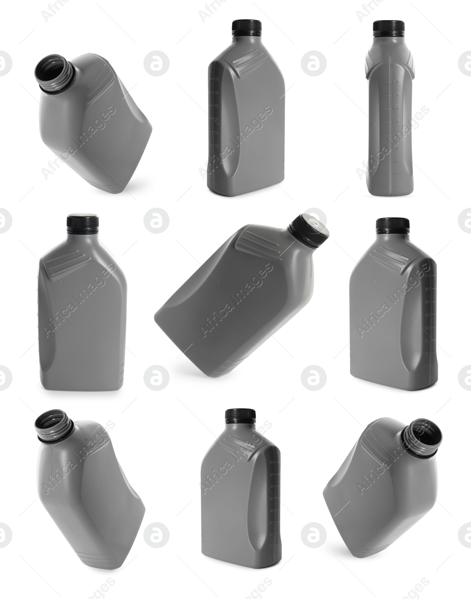 Image of Plastic canister on white background, collage. View from different sides