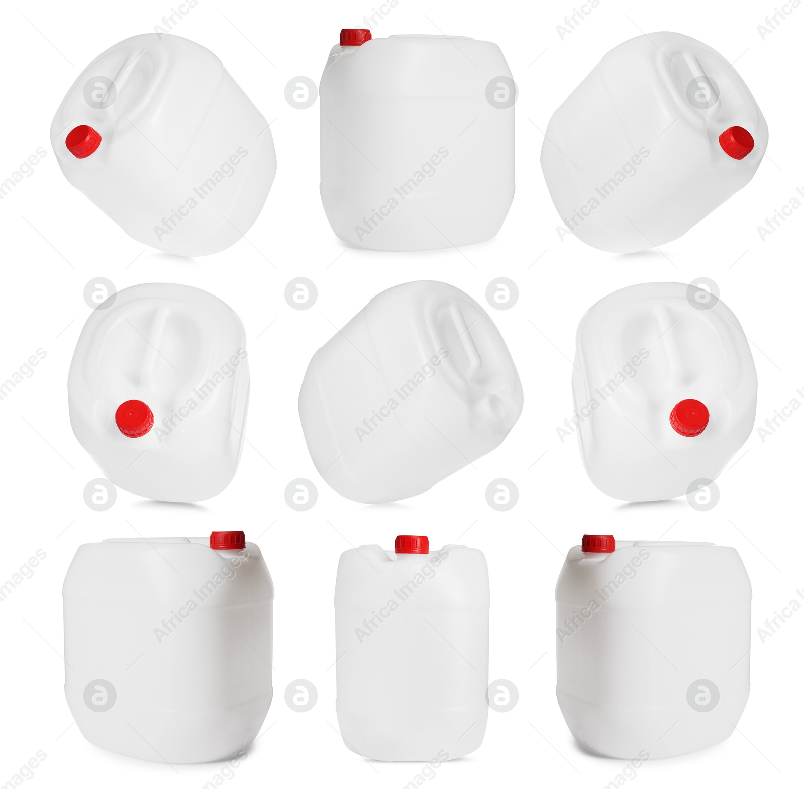 Image of Plastic canister on white background, collage. View from different sides