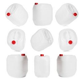 Image of Plastic canister on white background, collage. View from different sides