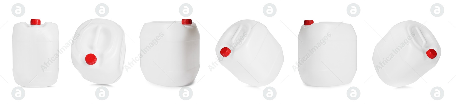 Plastic canister on white background, collage. View from different sides Image of Plastic canister on white background, collage. View from different sides