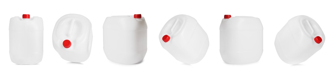 Image of Plastic canister on white background, collage. View from different sides