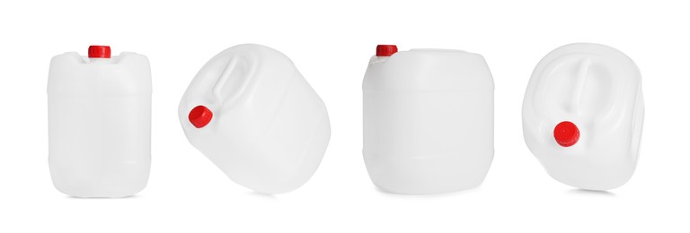 Image of Plastic canister on white background, collage. View from different sides