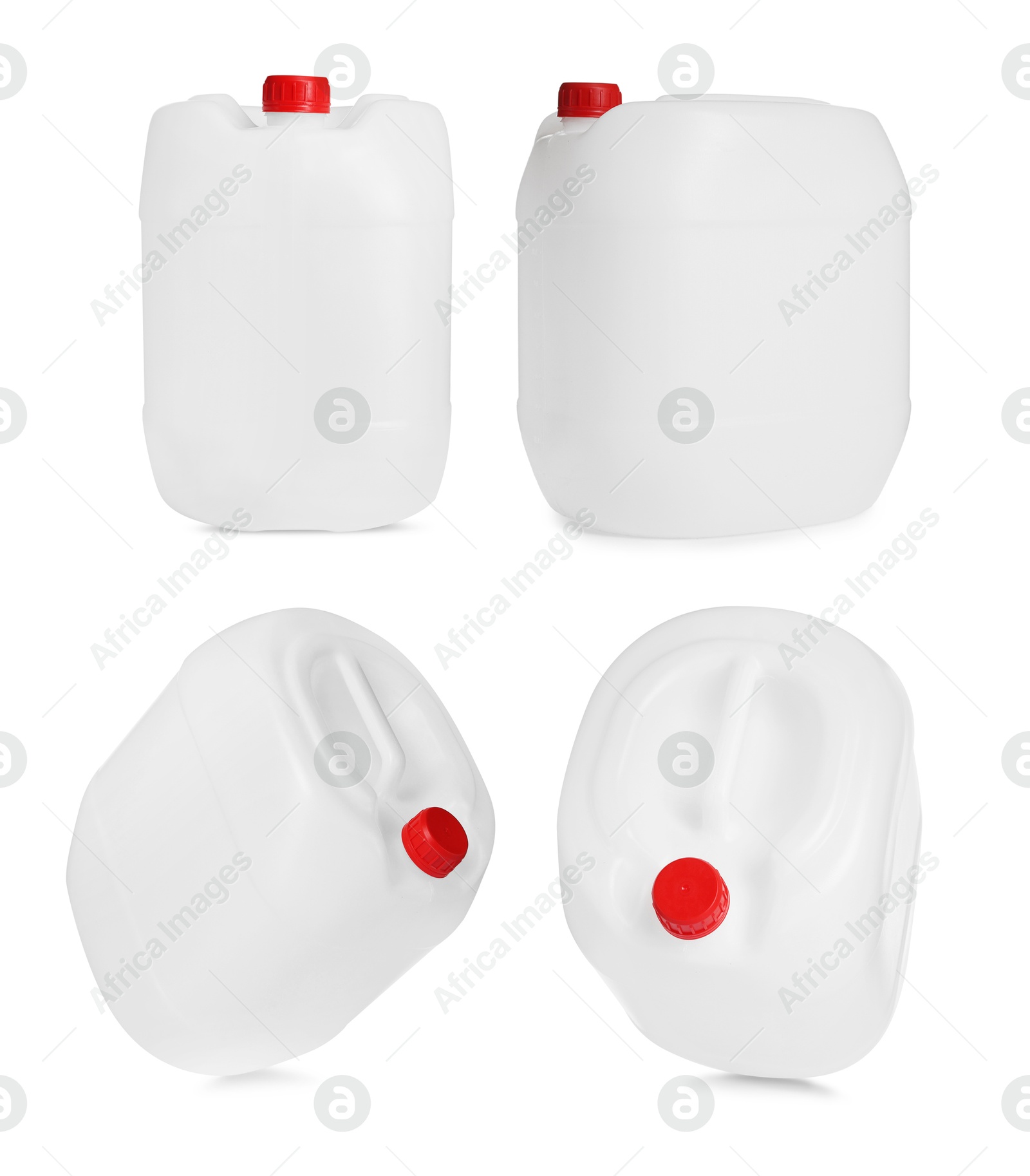 Plastic canister on white background, collage. View from different sides Image of Plastic canister on white background, collage. View from different sides