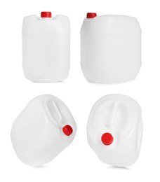 Image of Plastic canister on white background, collage. View from different sides