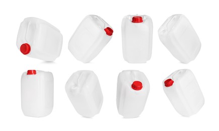 Image of Plastic canister on white background, collage. View from different sides