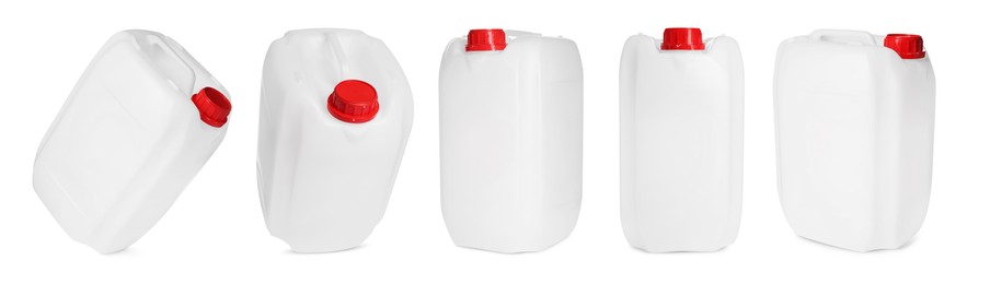 Image of Plastic canister on white background, collage. View from different sides