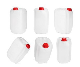 Image of Plastic canister on white background, collage. View from different sides