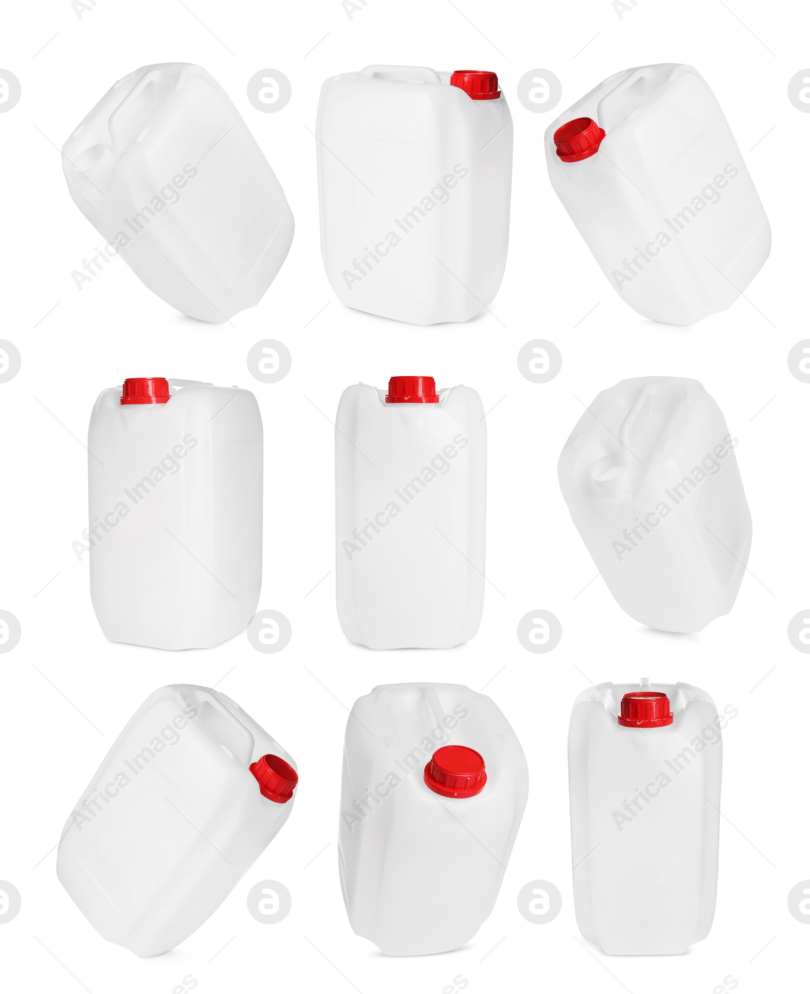 Plastic canister on white background, collage. View from different sides Image of Plastic canister on white background, collage. View from different sides