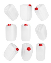 Image of Plastic canister on white background, collage. View from different sides