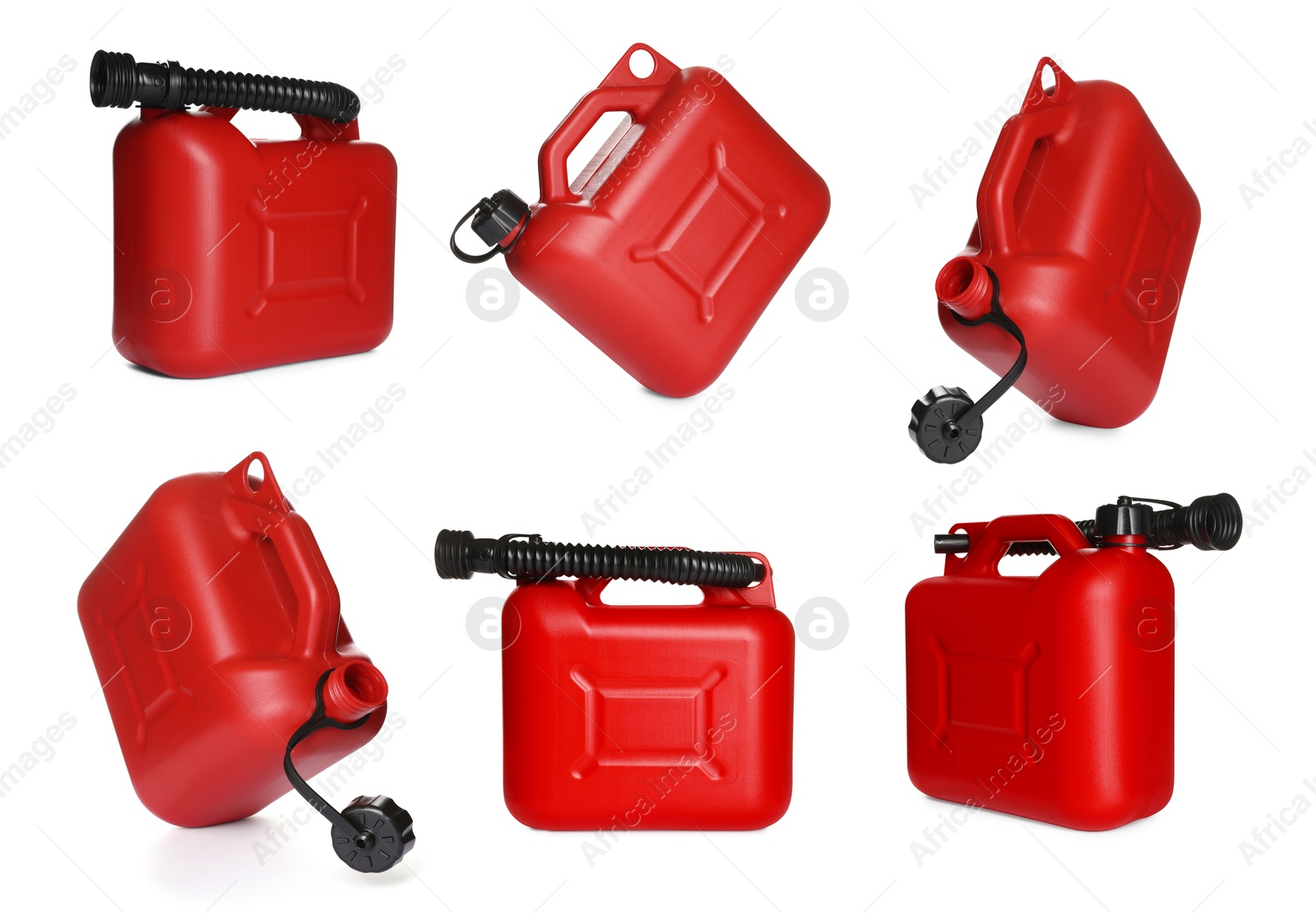 Red plastic canister on white background, collage. View from different sides Image of Red plastic canister on white background, collage. View from different sides