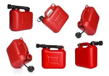 Image of Red plastic canister on white background, collage. View from different sides