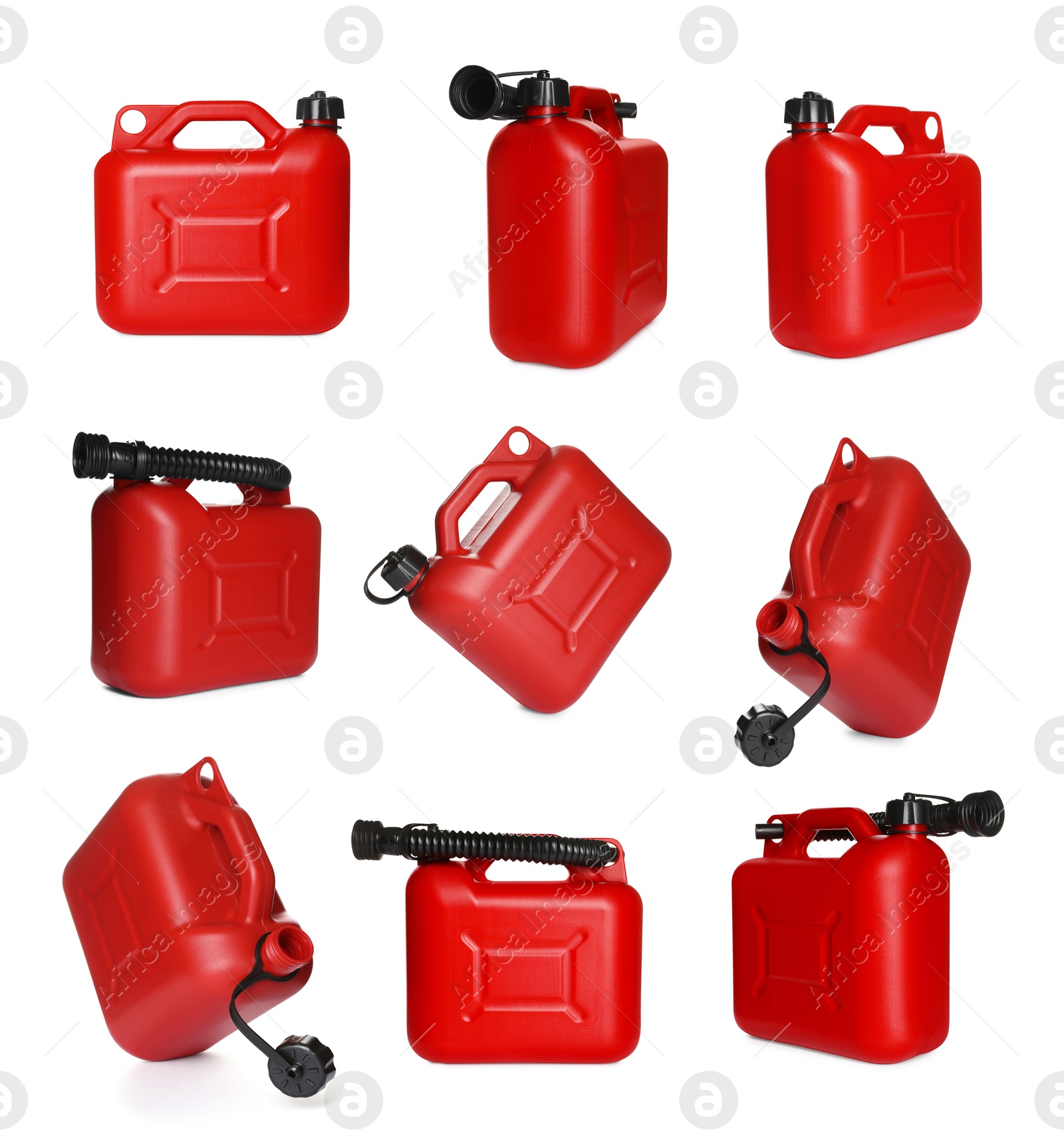 Red plastic canister on white background, collage. View from different sides Image of Red plastic canister on white background, collage. View from different sides