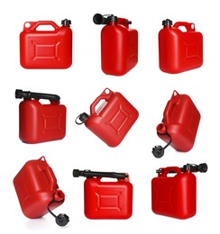Image of Red plastic canister on white background, collage. View from different sides