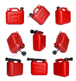 Image of Red plastic canister on white background, collage. View from different sides
