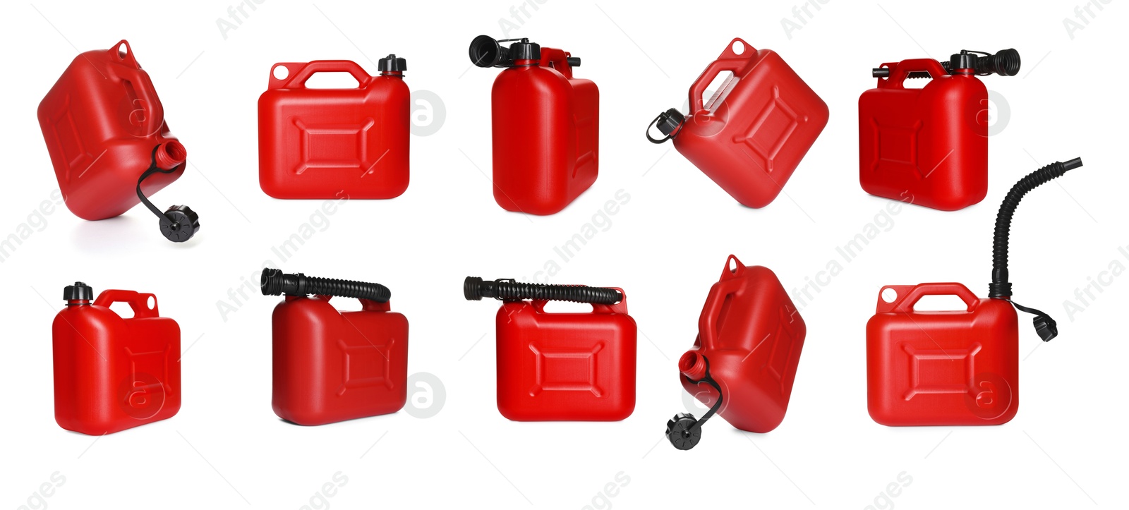 Red plastic canister on white background, collage. View from different sides Image of Red plastic canister on white background, collage. View from different sides