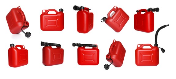 Image of Red plastic canister on white background, collage. View from different sides