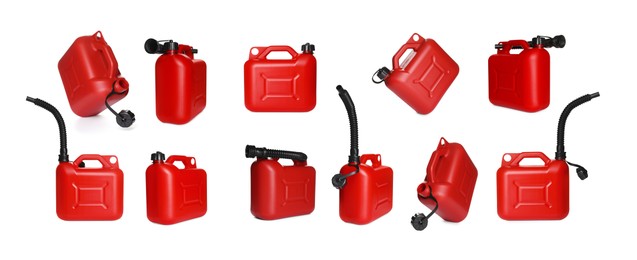 Image of Red plastic canister on white background, collage. View from different sides