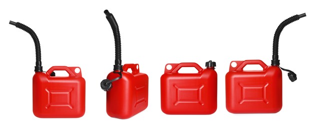 Image of Red plastic canister on white background, collage. View from different sides