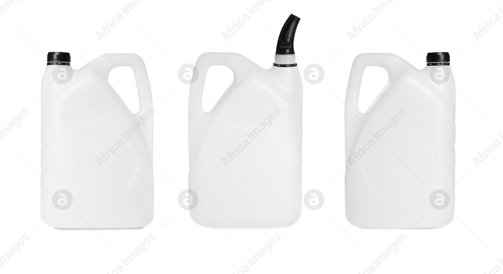 Image of Plastic canister on white background, collage. View from different sides