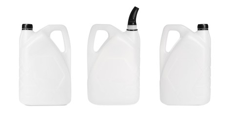 Image of Plastic canister on white background, collage. View from different sides