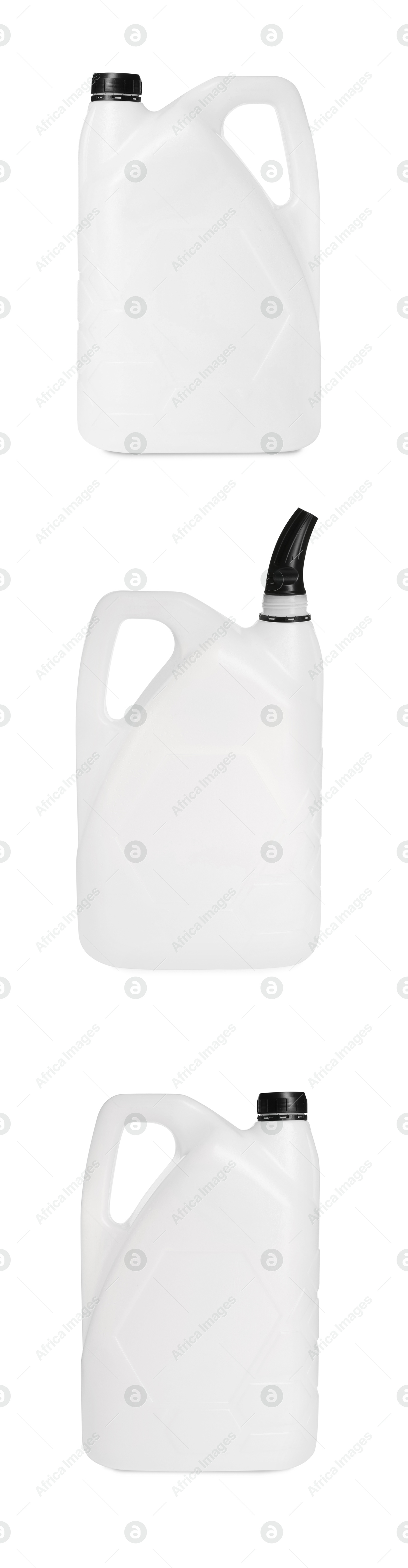 Image of Plastic canister on white background, collage. View from different sides