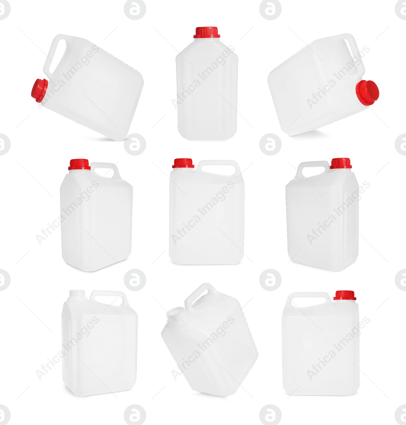 Image of Plastic canister on white background, collage. View from different sides