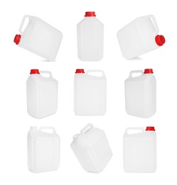 Image of Plastic canister on white background, collage. View from different sides