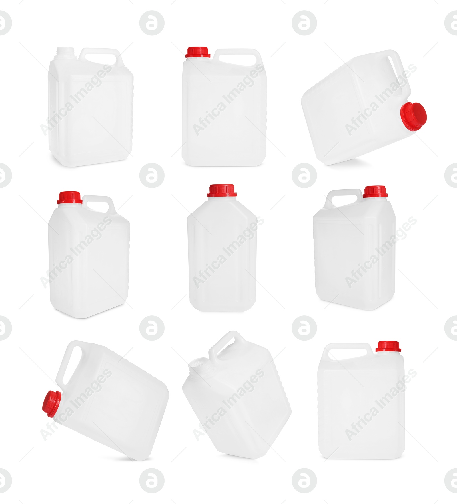 Image of Plastic canister on white background, collage. View from different sides
