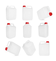 Image of Plastic canister on white background, collage. View from different sides
