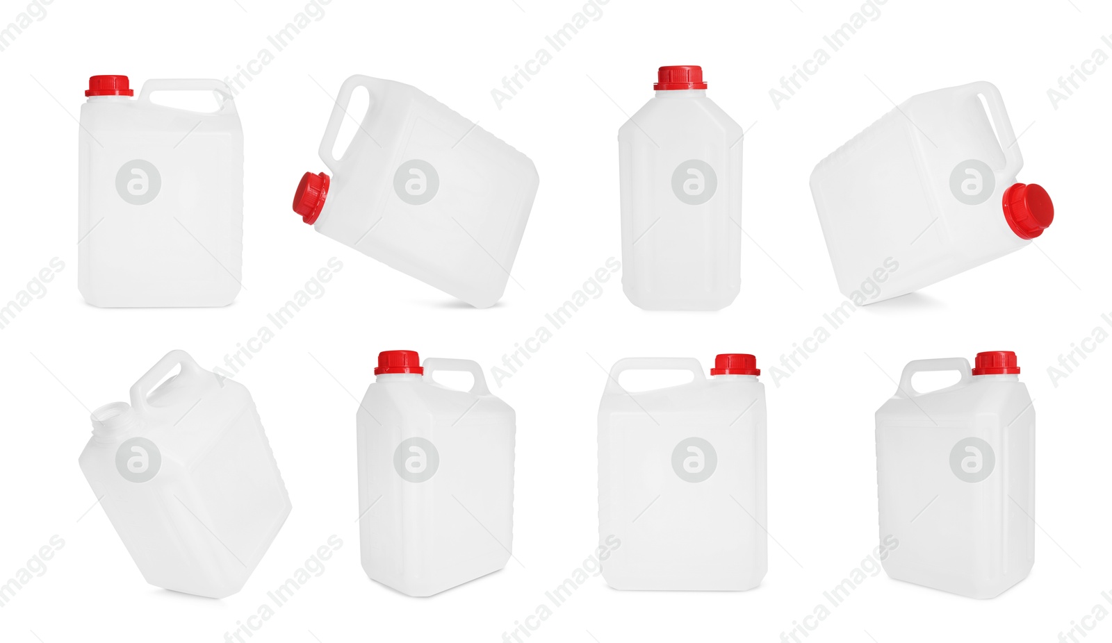 Plastic canister on white background, collage. View from different sides Image of Plastic canister on white background, collage. View from different sides