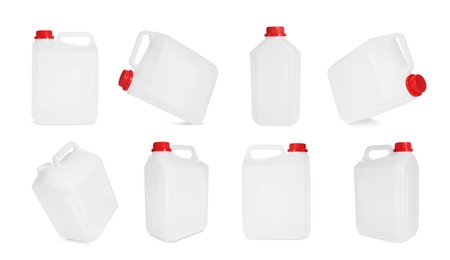 Image of Plastic canister on white background, collage. View from different sides