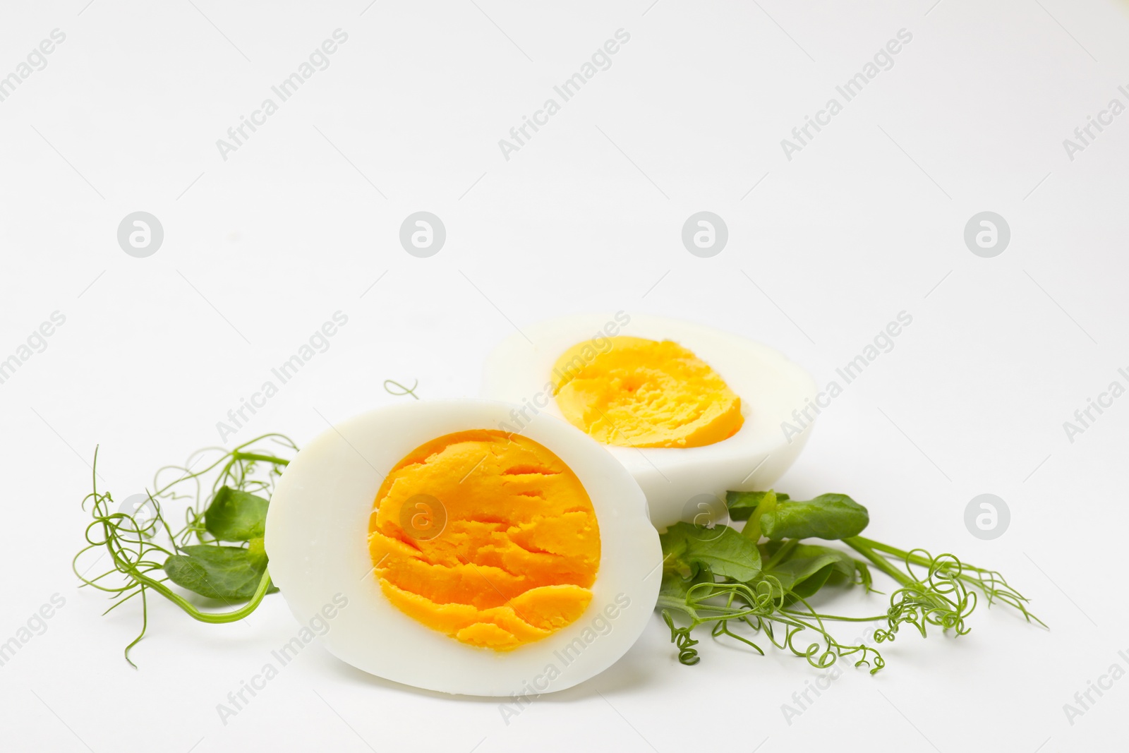 Boiled egg and microgreens on white background Photo of Boiled egg and microgreens on white background