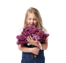 Photo of Little girl with bouquet of lilac flowers on white background