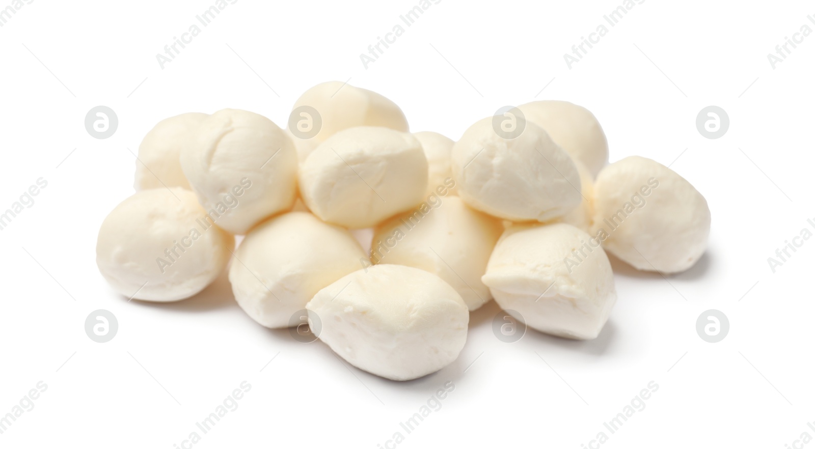 Many tasty mozzarella cheese balls isolated on white Photo of Many tasty mozzarella cheese balls isolated on white