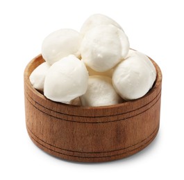 Photo of Tasty mozzarella cheese balls in bowl isolated on white