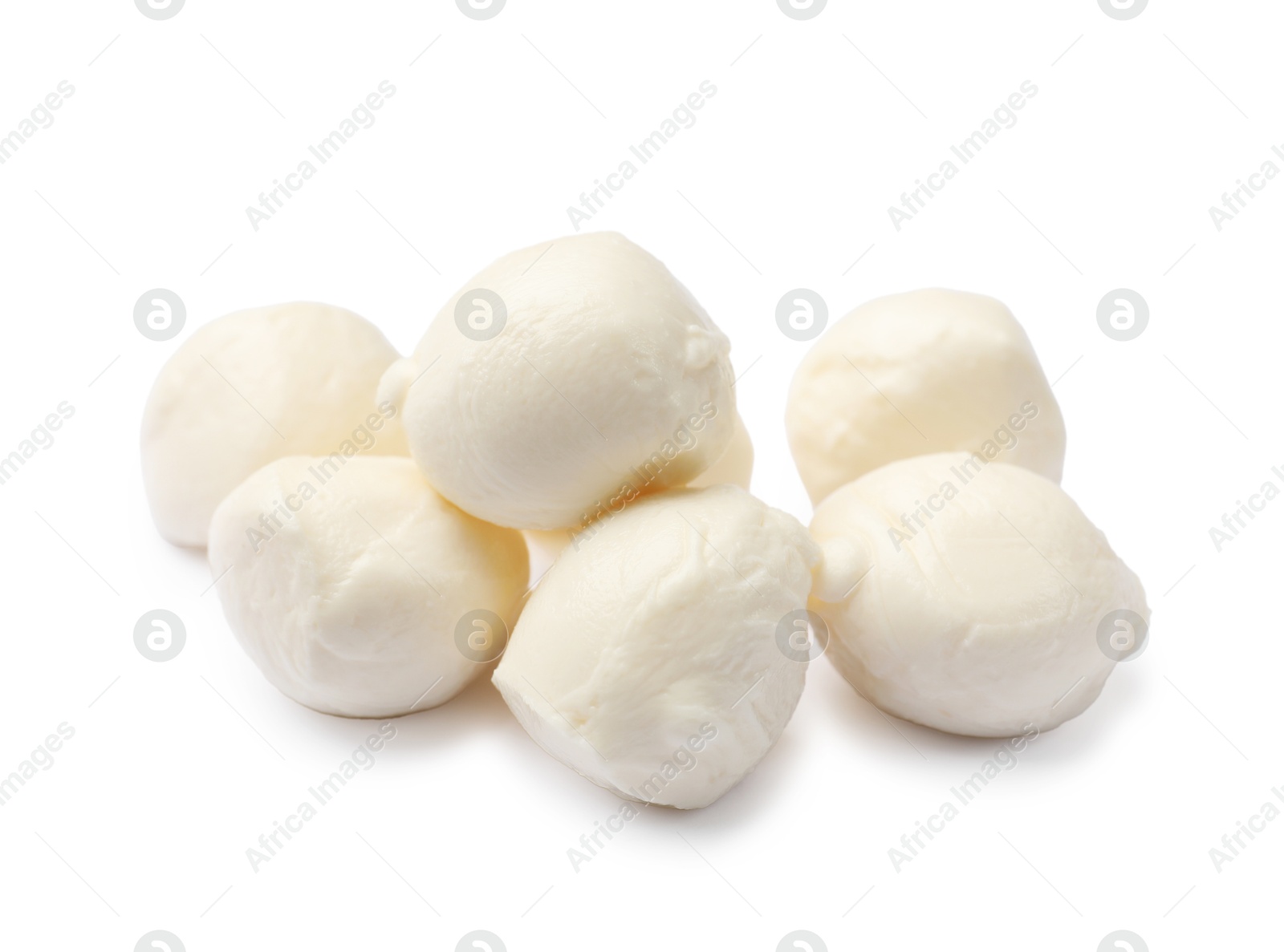 Many tasty mozzarella cheese balls isolated on white Photo of Many tasty mozzarella cheese balls isolated on white
