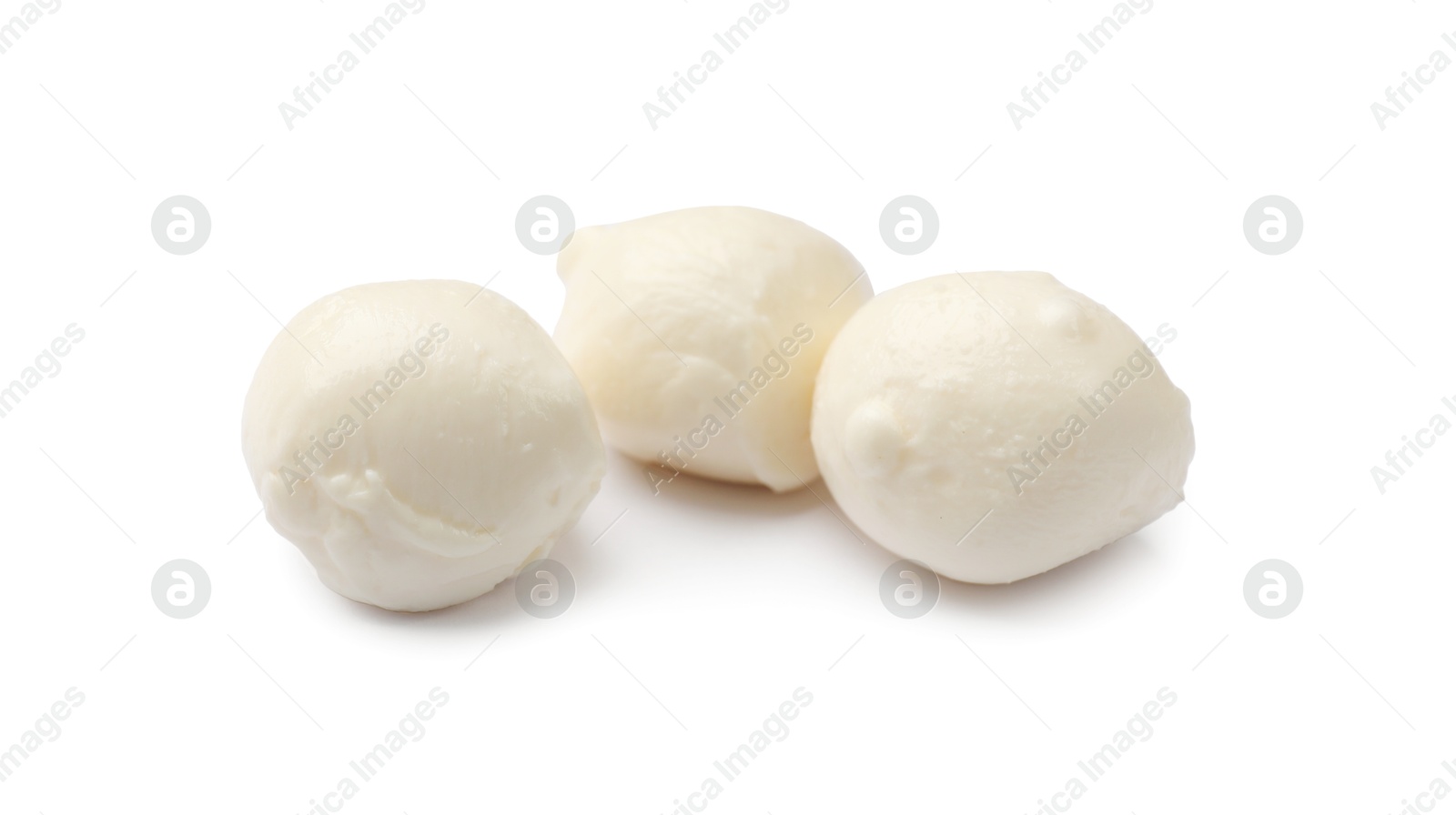 Photo of Three tasty mozzarella cheese balls isolated on white