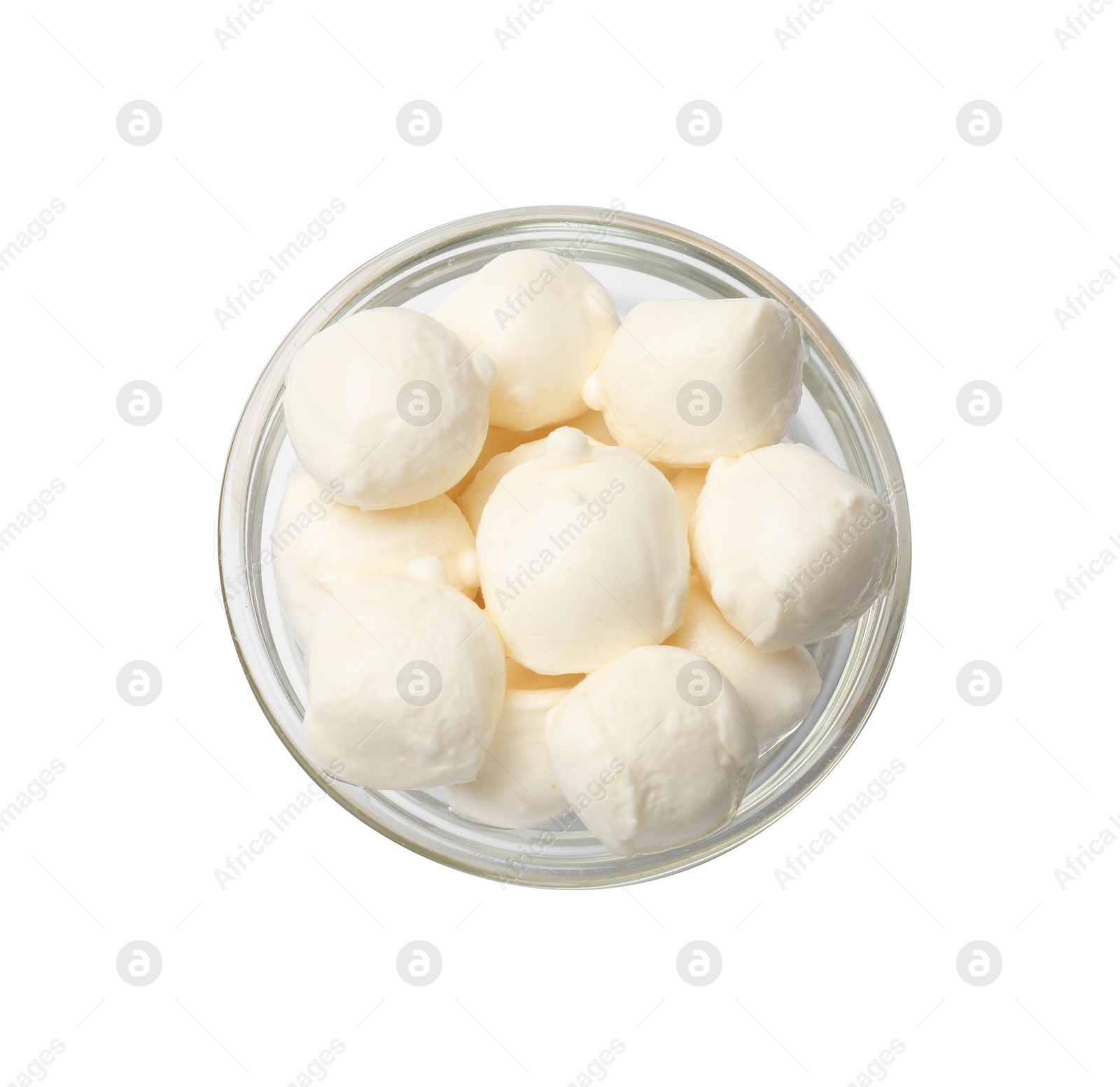 Tasty mozzarella cheese balls in bowl isolated on white, top view Photo of Tasty mozzarella cheese balls in bowl isolated on white, top view