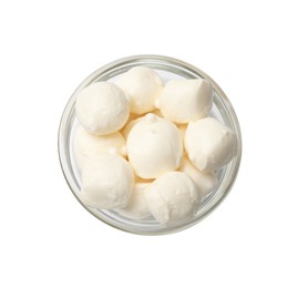 Photo of Tasty mozzarella cheese balls in bowl isolated on white, top view