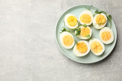 Photo of Hard boiled eggs with microgreens on grey table, top view. Space for text