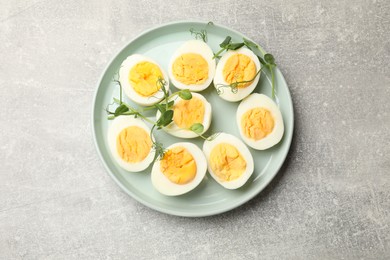 Photo of Hard boiled eggs with microgreens on grey table, top view