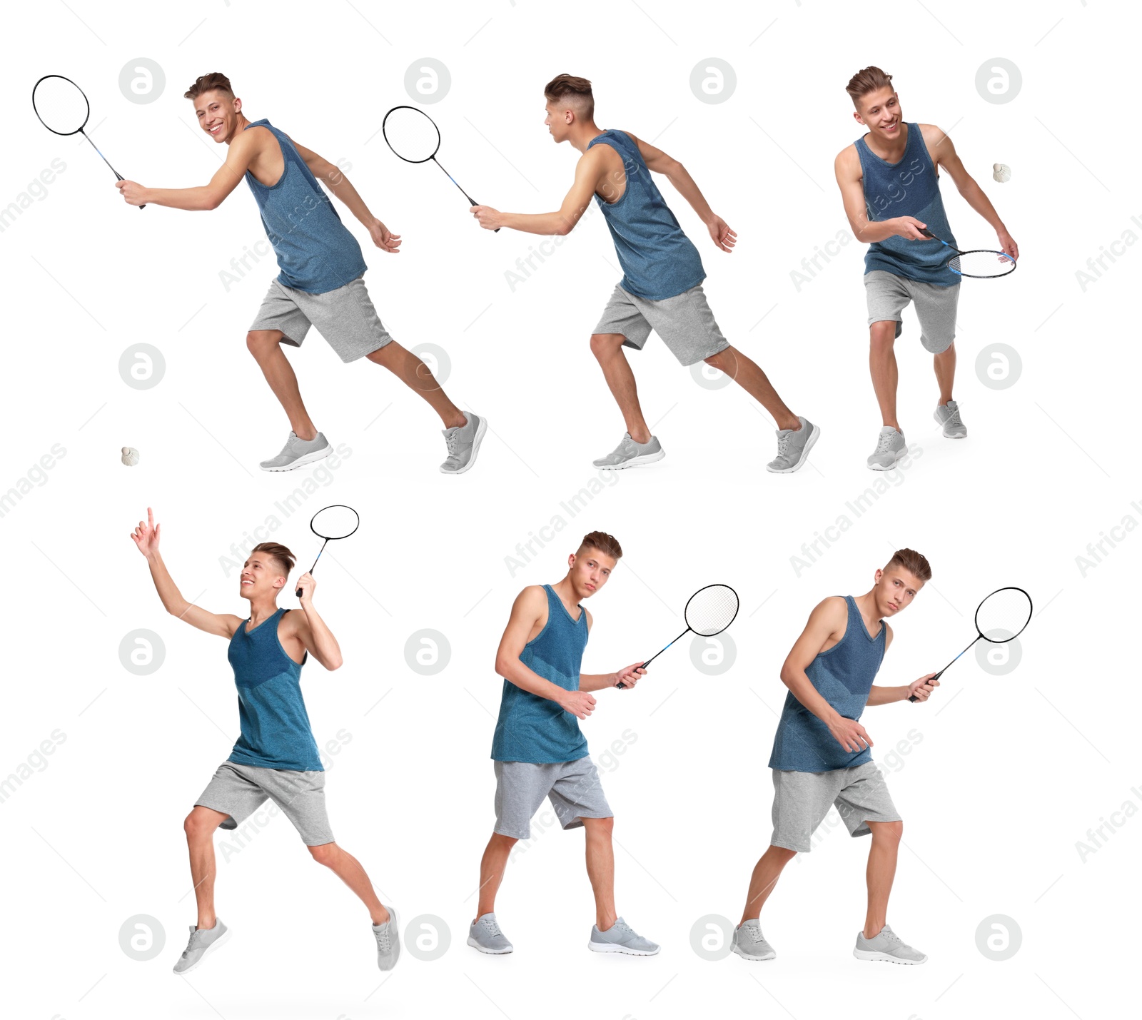 Young man playing badminton with racket on white background, collage Image of Young man playing badminton with racket on white background, collage