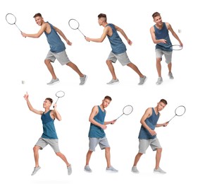 Image of Young man playing badminton with racket on white background, collage