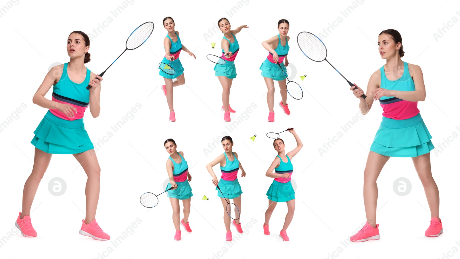 Young woman playing badminton with racket on white background, collage Image of Young woman playing badminton with racket on white background, collage