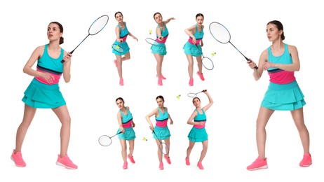 Image of Young woman playing badminton with racket on white background, collage