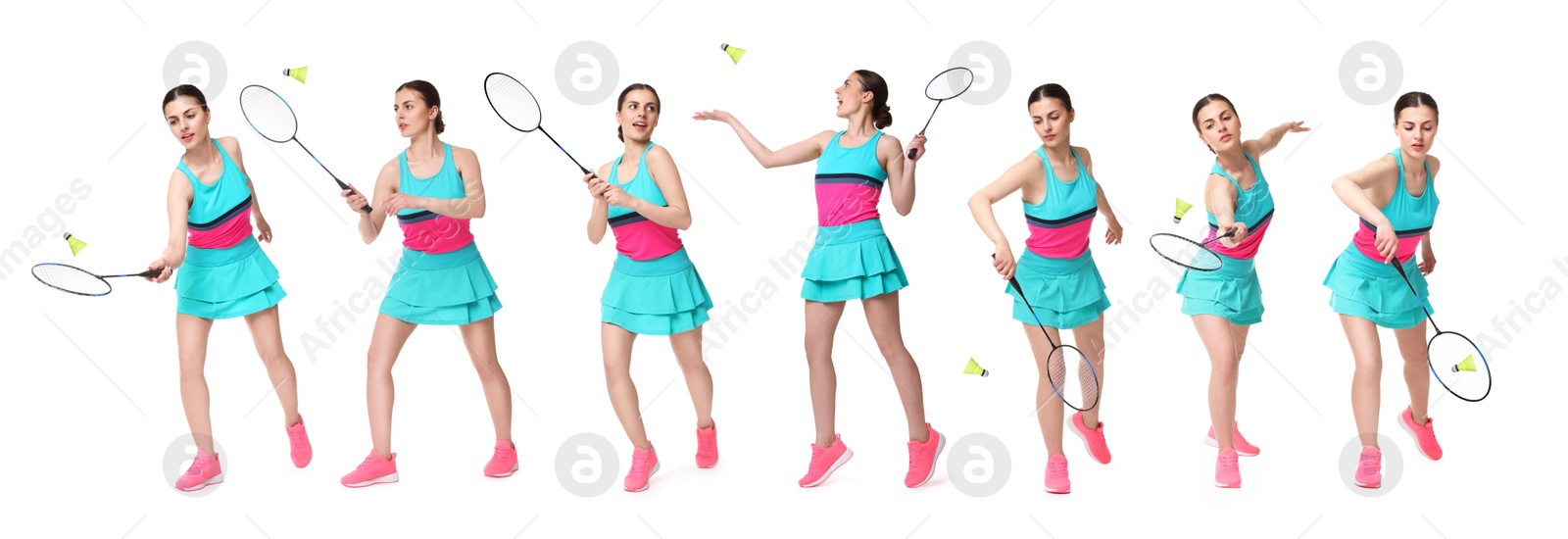 Young woman playing badminton with racket on white background, collage Image of Young woman playing badminton with racket on white background, collage